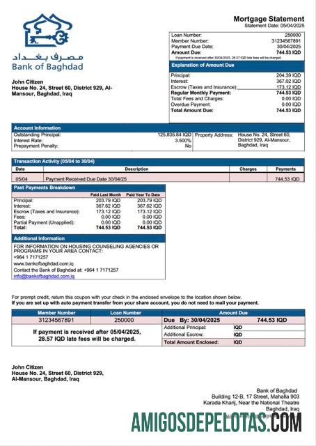 imprimível Modelo Word e PDF de declaração de hipoteca do Banco de Bagdá do Iraque